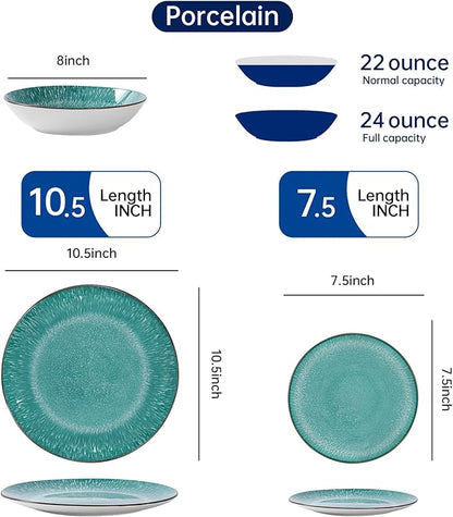 Bestone 12-Piece Round Porcelain Dinnerware Set, Service for 4, Chip Resistant Plates and Bowls,Green, Dishwasher & Microwave Safe for Home Daily Use