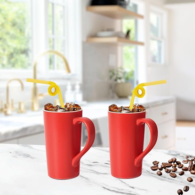 20 oz Ceramic Coffee Mugs Set of 2 Large Tall Red Porcelain Tea Cups - Image 5