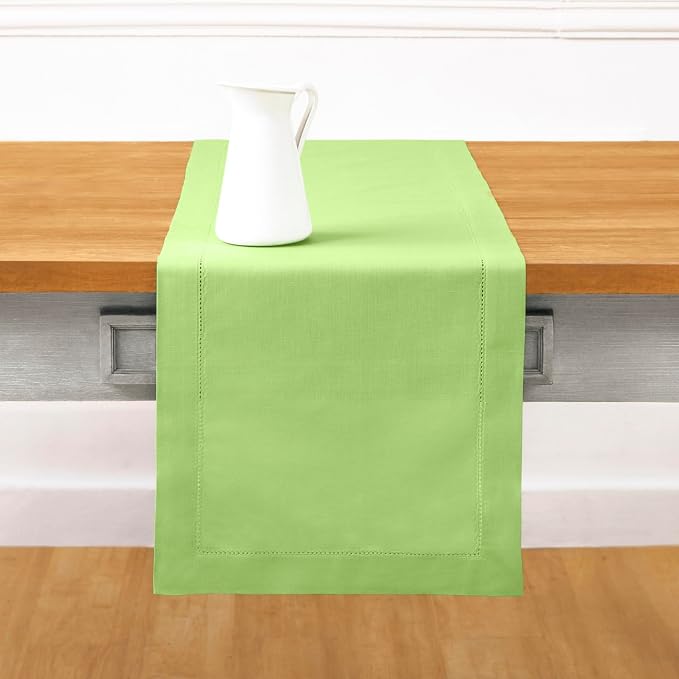 Solino Home Cotton Linen Dining Table Runner Green Hemstitch, 14 x 120 in | by SolinoHome