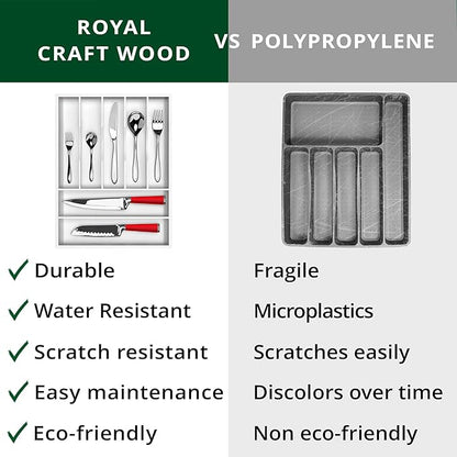 ROYAL CRAFT WOOD Luxury Bamboo Kitchen Drawer Organizer - Silverware Organizer - Utensil Holder and Cutlery Tray with Grooved Drawer Dividers for Flatware and Kitchen Utensils (7 Slot, White)