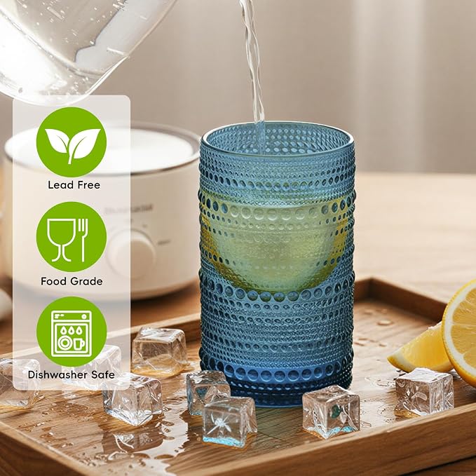 Moretoes 12 Oz Vintage Hobnail Drinking Glasses Set of 6 | Blue Highball - Image 4