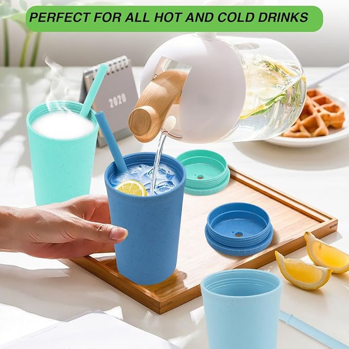 10 oz Wheat Straw Cups with Lids and Silicone Straws, Small Tumbler Straw Cups - Image 2