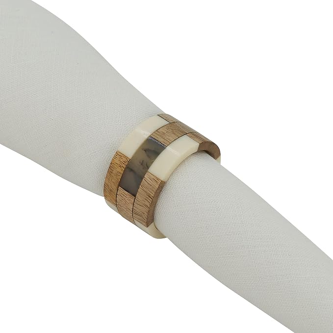 SARO LIFESTYLE Mango Wood & Resin Napkin Rings – Modern Block Pattern - Image 3