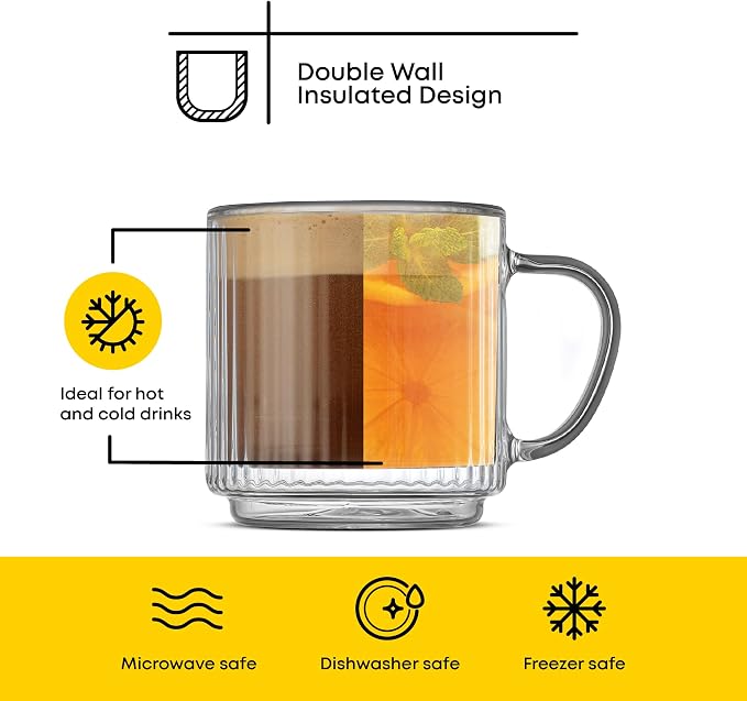 JoyJolt Haven Stackable Fluted Glass Mugs Set of 2, 5.5oz Ribbed Double Wall - Image 5