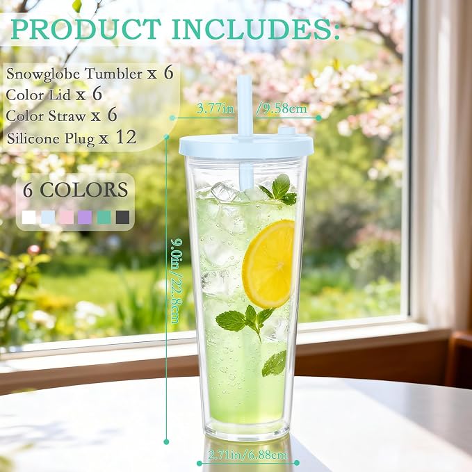 6 Pack 24Oz Snow Globe Tumblers, Double Wall Acrylic Pre Drilled Snow Globe Cup - Image 2