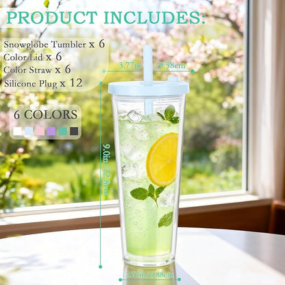 6 Pack 24Oz Snow Globe Tumblers, Double Wall Acrylic Pre Drilled Snow Globe Cup - Image 2