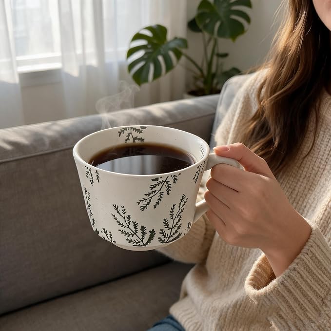 4 Pack Speckled Ceramic Coffee Mugs, 12oz Vintage Green Fern Leaf Large Tea Cups - Image 5