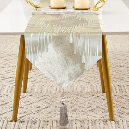 Luxury Beige Table Runner 72 Inches Long, Modern Geometric, Elegant Tassels | - Image 2