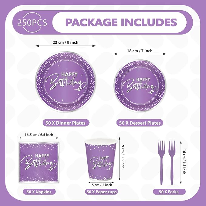 250Pcs Purple Silver Birthday Party Plates Serves 50 | Purple and Silver Plates - Image 2