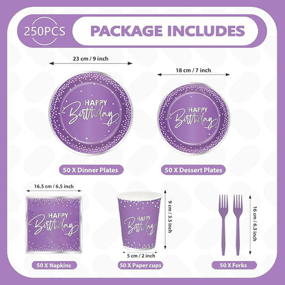 250Pcs Purple Silver Birthday Party Plates Serves 50 | Purple and Silver Plates - Image 2