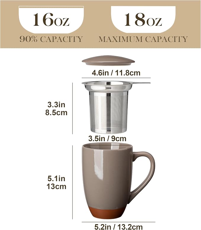 MALACASA Ceramic Tea Mug with Lid and Stainless Steel Infuser, 18 oz Large Tea - Image 2