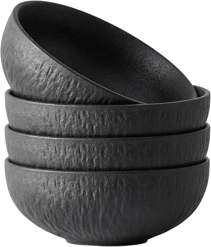 Bowl Set of 4, 20.4 oz Matte Marble Pattern Stoneware Soup Bowls | Black by KINGSTONE
