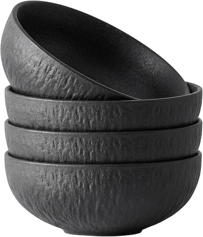 Bowl Set of 4, 20.4 oz Matte Marble Pattern Stoneware Soup Bowls | Black by KINGSTONE