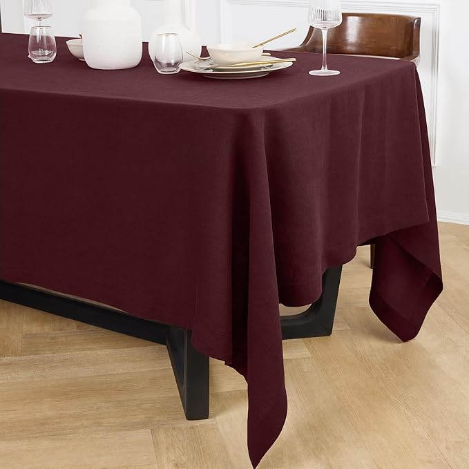 Solino Home Burgundy Linen Tablecloth 70 x 144 Inch - 100% Pure Linen Rectangular Tablecloth - Machine Washable Table Cloth for Valentines - Sonoma