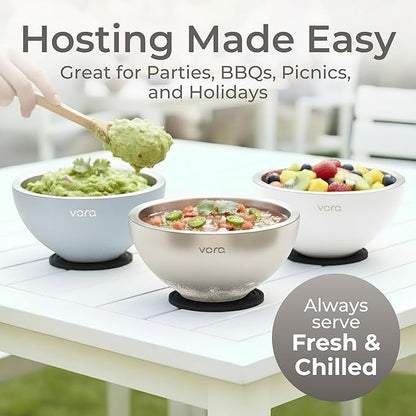 Vora 18oz Dip Chiller Bowl | 2 Pack Stainless Steel Chilled Dip Bowl for Dips, Guacamole, Hummus, Salsa | Insulated Serving Dishes with Easiest Water Fill & Refillable Chamber