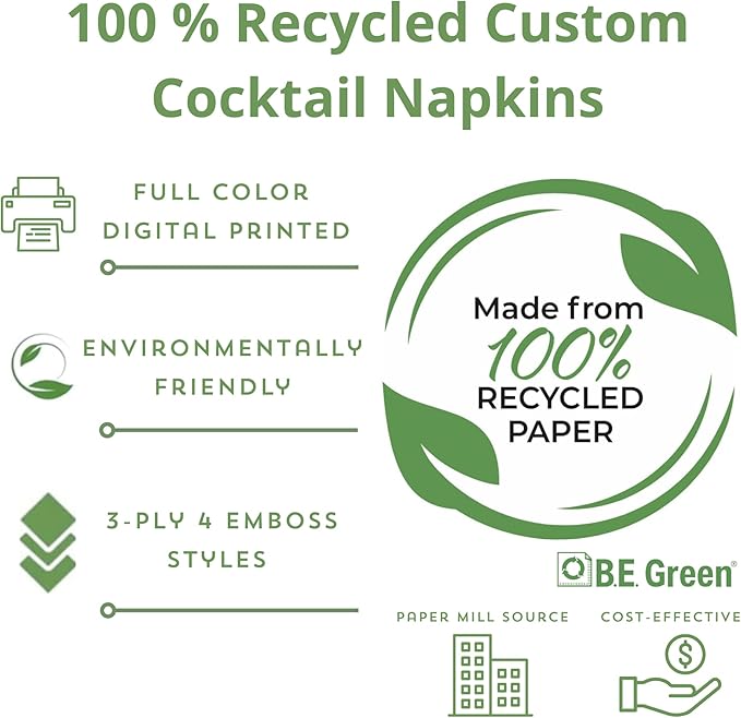 100% Recycled Custom Cocktail Napkins - Personalized 100% Recycled Napkins - Eco-friendly & Full-Color Digital Printed - Events & Celebrations - Pack of 50 - All Over Embossed Full Coverage, 5"x 5"