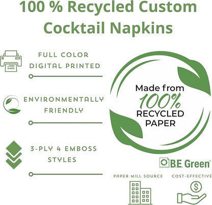 B.E. Green 100% Recycled Custom Cocktail Napkins - Personalized 100% Recycled Napkins - Eco-friendly & Full-Color Digital Printed - Weddings, Events & Celebrations - Pack of 50 - Non-Embossed, 5"x 5"