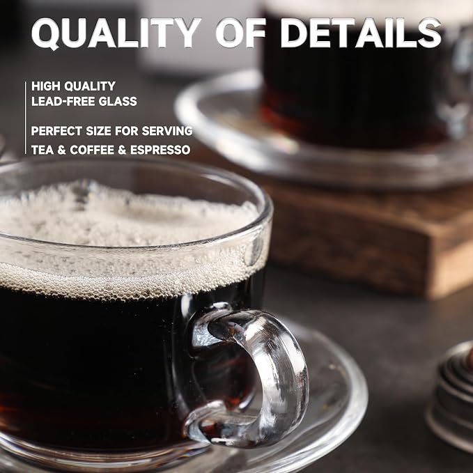 Glass Tea Cups and Saucers Set of 6, Dishwasher & Microwave Safe Teacups - Image 8