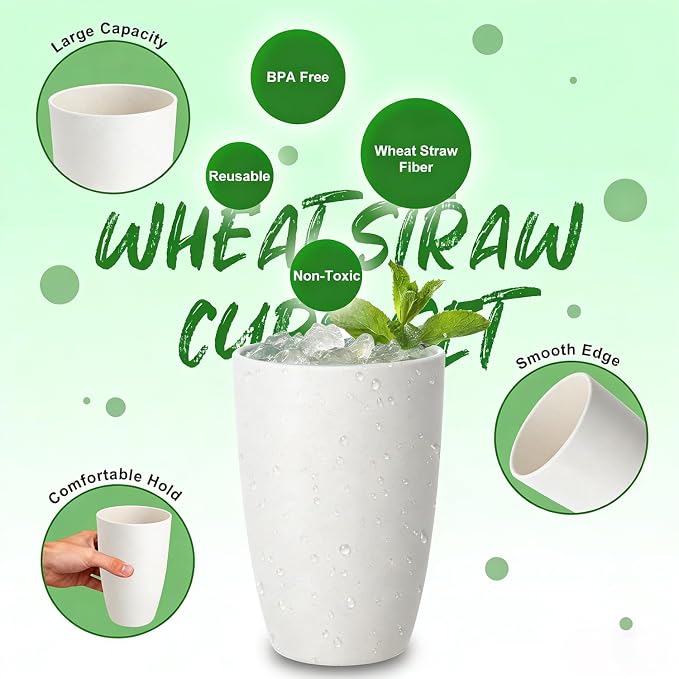 Wheat Straw Unbreakable Cup, 20 OZ Reusable Water Drinking Glasses Sets of 6 - Image 2