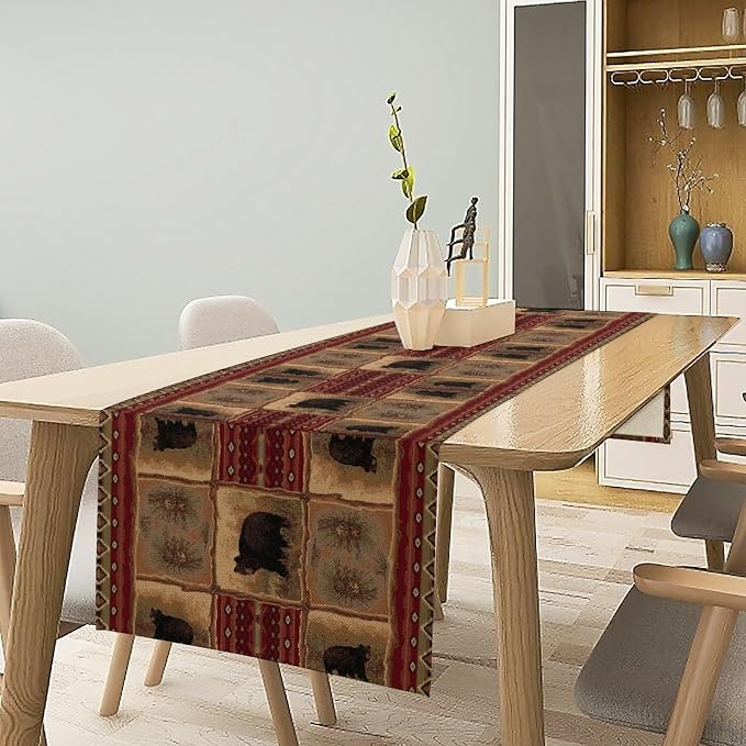 Rustic Bear Table Runner, Retro Vintage Bear Country Cabin Cottage Pine Tree - Image 2