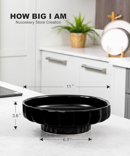 Nucookery Ceramic Petal Fruit Bowl for Kitchen Counter, 11 Inch Modern Decorative Bowl, Elegant Fruit & Vegetable Storage Container, Large Bread Basket, Black