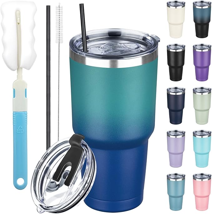 30 oz Tumbler with Lids and Straws, Stainless Steel Insulated Coffee Tumbler by GUDEMAO