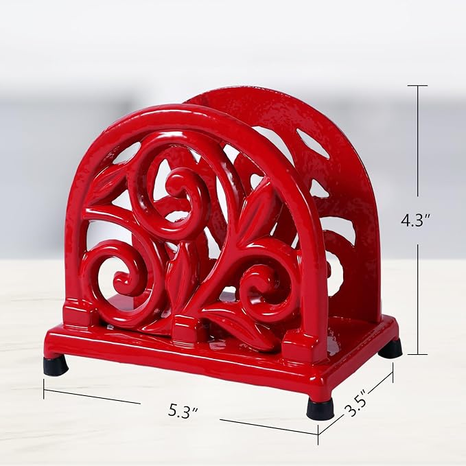 JOGREFUL Cast Iron Napkin Holder, Kitchen Organizer Foliage Scroll Red | - Image 3