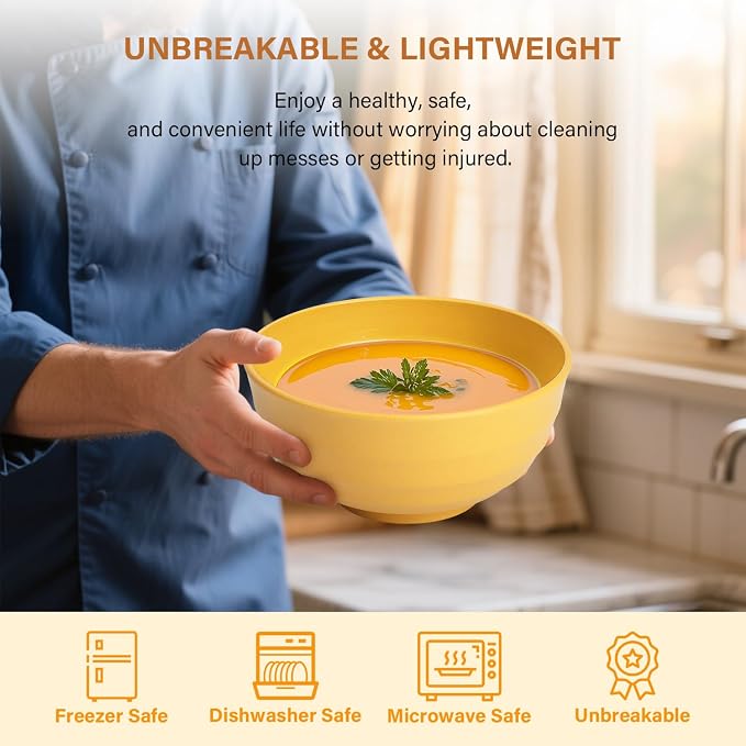 Sunshine Yellow Bowl Set of 8, 60 Oz Large Wheat Straw Bowls, Unbreakable Big - Image 4
