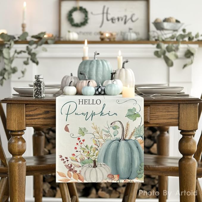 Artoid Mode 210 GSM Fall Table Runner 13x72 Inch Home Party Decor | Aqua Hello - Image 2