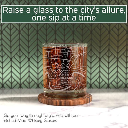 Greenline Goods Whiskey Glasses - 10 Oz Tumbler Gift Set for New Orleans lovers, Etched with New Orleans Map Old Fashioned Rocks Glass - Set of 2