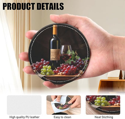 Coasters for Drinks PU Leather,Set of 6 with Holder,Round Housewarming Gift Home Decor,Red Wine and Grapes