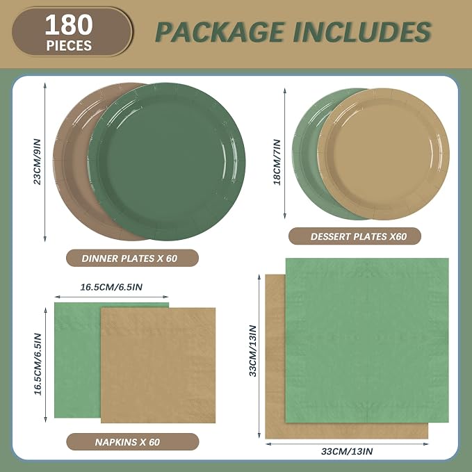 180Pcs Green and Brown Party Supplies Paper Plates and Napkins Serve 60 | - Image 2