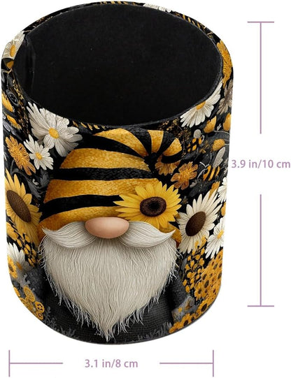 Leather Pen Holder for Desk, Gnome Sunflower Pencil Cup Pen Organizer Makeup - Image 3
