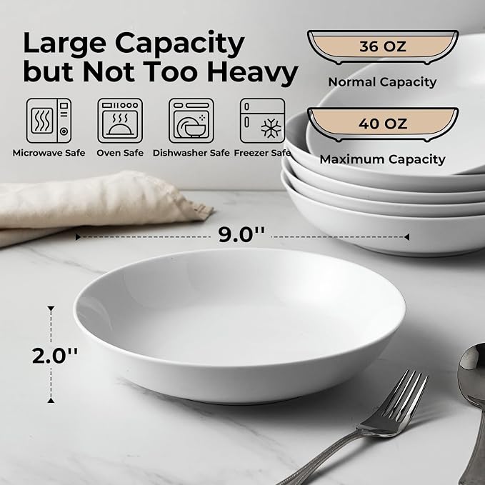 Y YHY 9" Pasta Bowls, 40oz Large Salad Bowls Set of 6, Wide Shallow Ceramic - Image 2