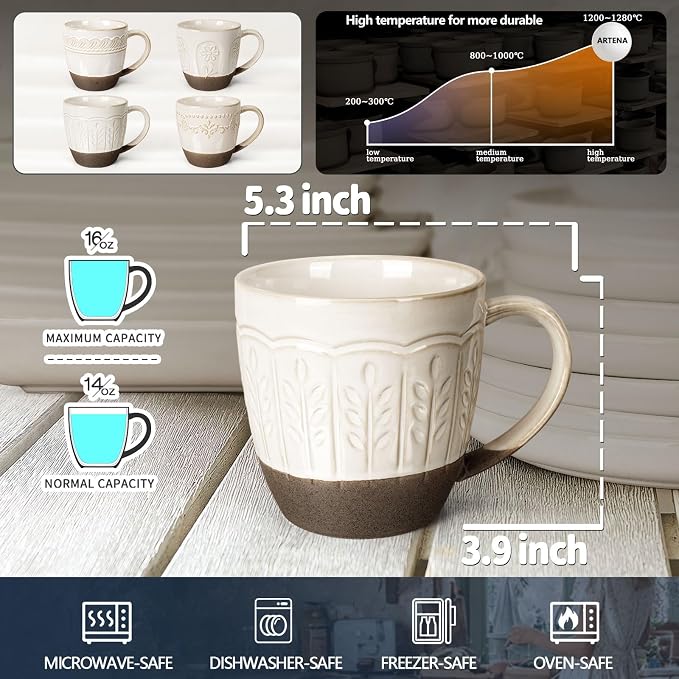 Artena Ceramic Coffee Mugs Set of 4, 16oz Embossed Large Latte Mugs Coffee Cups - Image 2