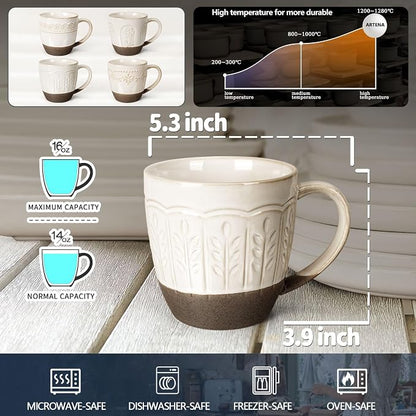 Artena Ceramic Coffee Mugs Set of 4, 16oz Embossed Large Latte Mugs Coffee Cups - Image 2