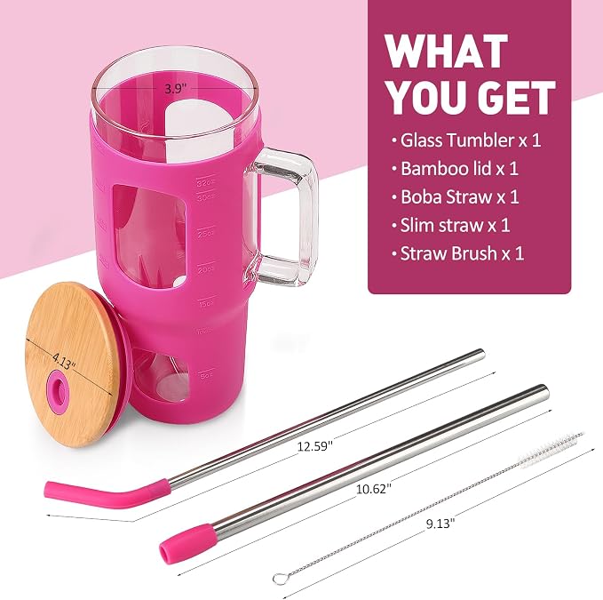 WINSA Glass Tumbler with Straw & Lid, 32 oz Glass Cup with Handle, Water Bottle - Image 2