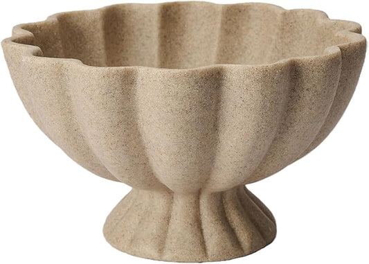 Pedestal Decorative Bowl Home Decor - Morden Handicraft Decorative Fruit Bowl for Kitchen Counter, Chic Ruffle Bowl Centerpiece Decor for Dining Table Coffee Table (Artificial Stone Beige)