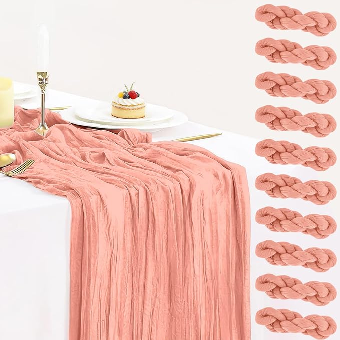 10 Pack Coral Peach Cheesecloth Table Runner 35x120 Inch, 10FT Semi Sheer Boho by BlueTopCoLtd