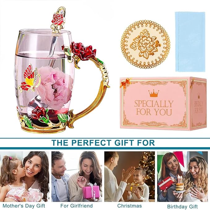 Birthday Gifts For Women, Enamel Butterfly Flower Glass Tea Cup Rose Red Coffee - Image 5
