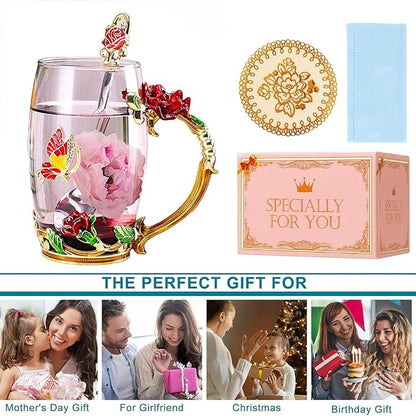 Birthday Gifts For Women, Enamel Butterfly Flower Glass Tea Cup Rose Red Coffee - Image 5