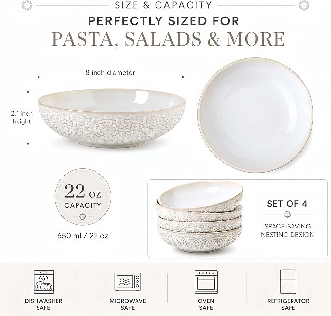 8" Ceramic Pasta Bowls, 22 Oz Serving Bowls Set of 4, Porcelain Shallow Soup - Image 2
