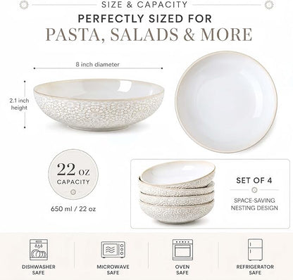 8" Ceramic Pasta Bowls, 22 Oz Serving Bowls Set of 4, Porcelain Shallow Soup - Image 2