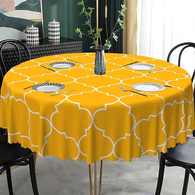Laeacco 24 Inch Morocco Round Tablecloth Orange Geometric Lattice Modern Abstract Art Print Table Cloth Washable Waterproof Wrinkle Free Table Cover for Kitchen Dining Picnic Party Decoration