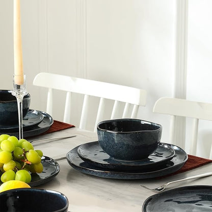 Stone + Lain Mirella 12-Piece Stoneware Dinnerware Set, Service for 4, Reactive Glaze, Deep Blue – Includes Dinner Plates, Salad Plates, and Bowls – Modern Artisanal Design
