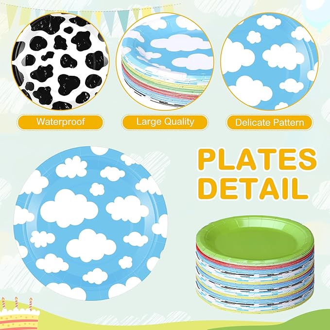 60 Pcs 7 Inch Toy Inspired Paper Plates Cow Pattern Cloud Plates Decorations Yellow Red Blue Green Disposable Dessert Dish for Party Farm Themed Birthday Party Supplies