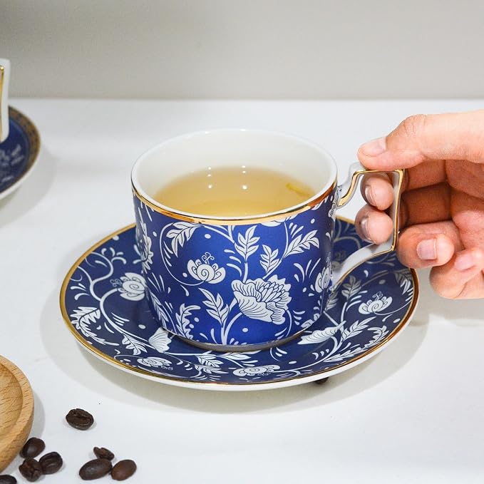 ACMLIFE Bone China Tea Cups and Saucers Set of 4, 6.8 oz Blue and White Tea - Image 5