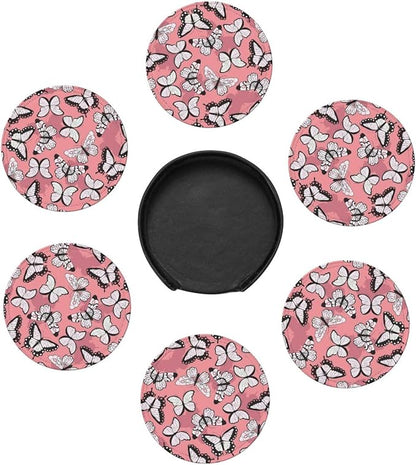 Drink Coasters with Holder Stand Set of 6, Butterfly Pattern Pu Leather - Image 5