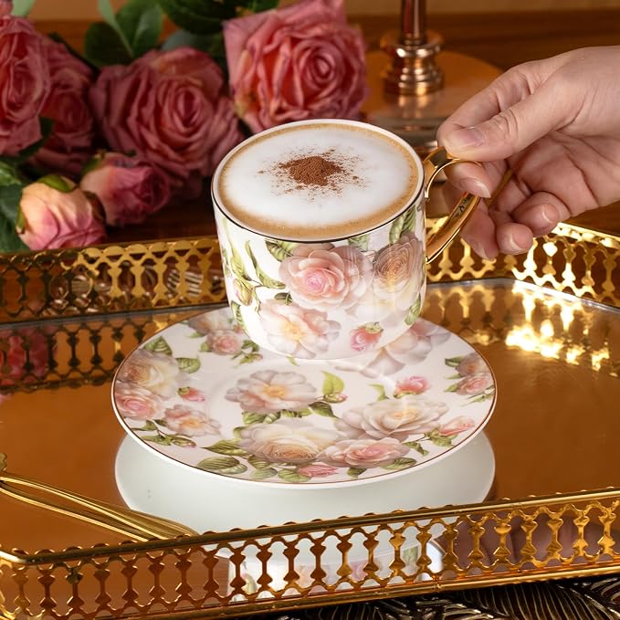 KAMMAK Tea Cups and Saucers Set of 2, Porcelain Coffee Cups, JBE027 | Stackable - Image 5