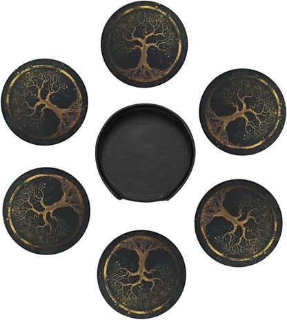 Drink Coasters with Holder Stand Set of 6, Marble Gold Tree of Life Pu Leather - Image 5